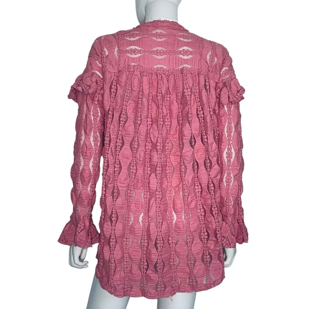 $128 NEW Free People  Candy Shop Lace Texture Tunic V-neckline Ruffle accents S - Picture 6 of 8